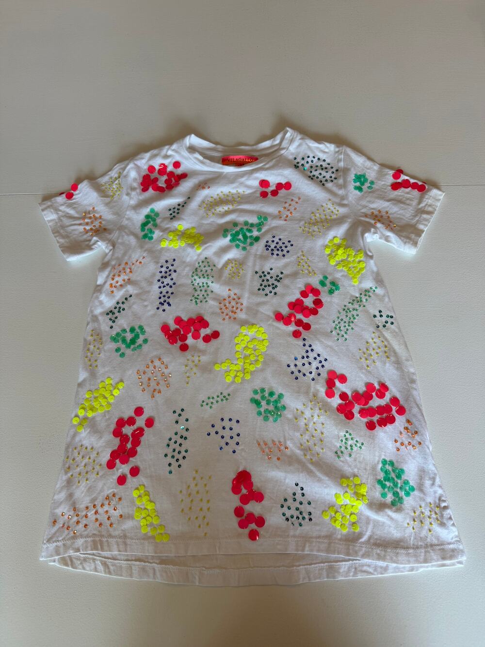 Vilagallo Lavi Sequin Embroidered Tee Shirt Neon Pink Yellow Size XS Bright